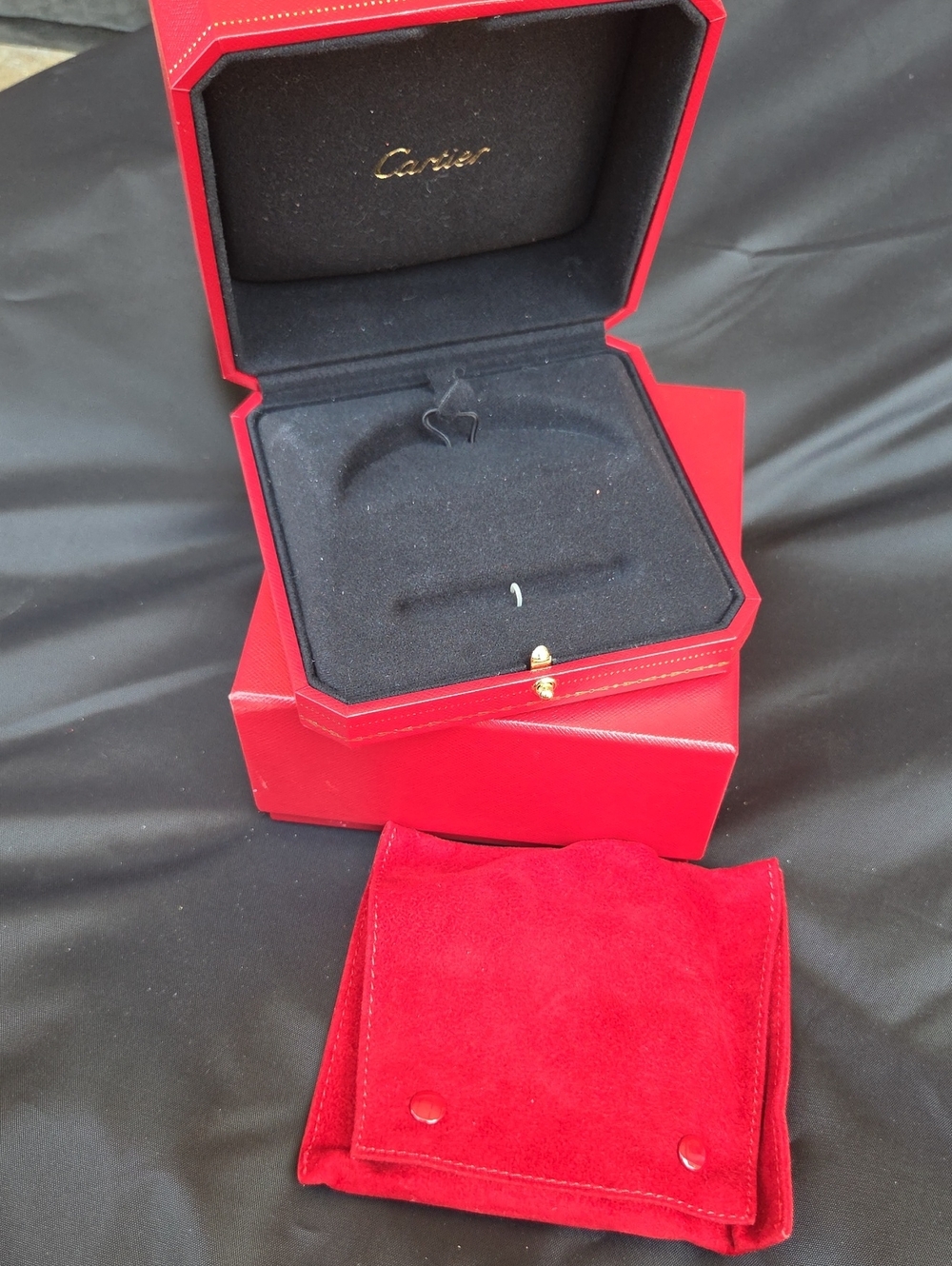 Cartier Red Jewelry Box with Black Interior and Red Suede Pouch